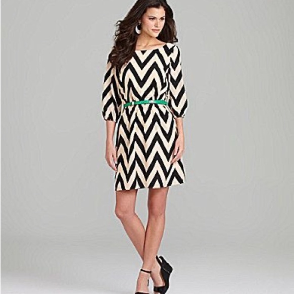 Gianni Bini Black and Cream Chevron Long Sleeve Dress